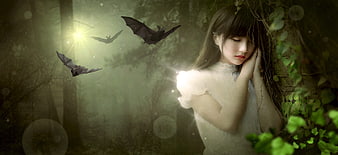 Mystical girl in white dress with bats in dark forest