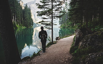Hiker standing by serene alpine lake surrounded by pine forest