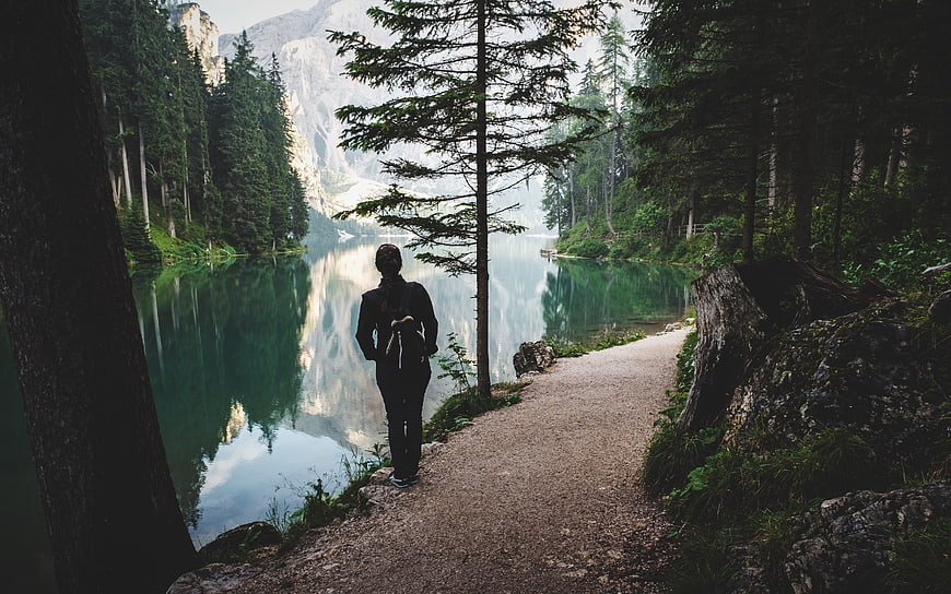 Hiker standing by serene alpine lake surrounded by pine forest