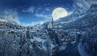 Magical Winter Night Village with Giant Moon and Church