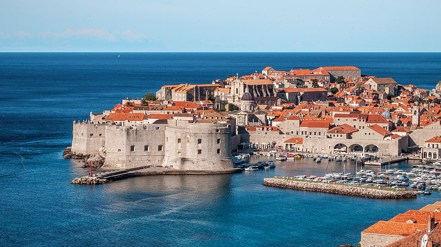 Aerial View of Dubrovnik Old Town and Harbor in Croatia