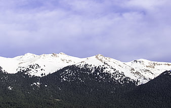 Snow-Capped Mountain Peaks with Forested Slopes and Cloudy Sky