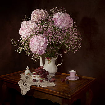 Vintage Pink Hydrangeas and Grapes Still Life