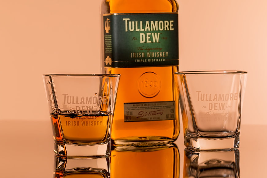 Tullamore Dew Irish Whiskey Bottle and Shot Glasses