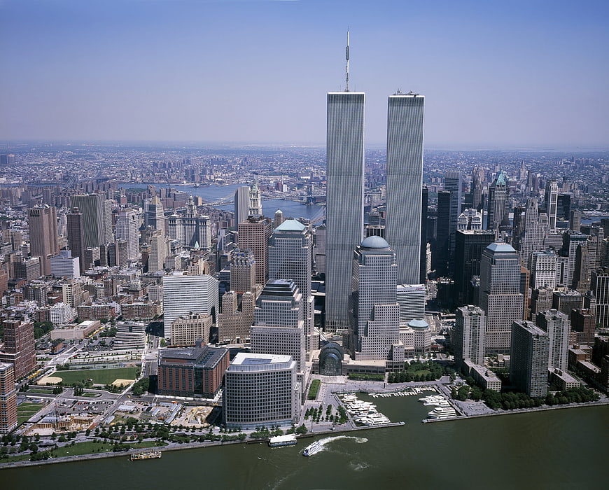 Aerial View of Twin Towers and New York City Skyline