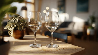 Two Empty Wine Glasses on Wooden Table in Sunlight