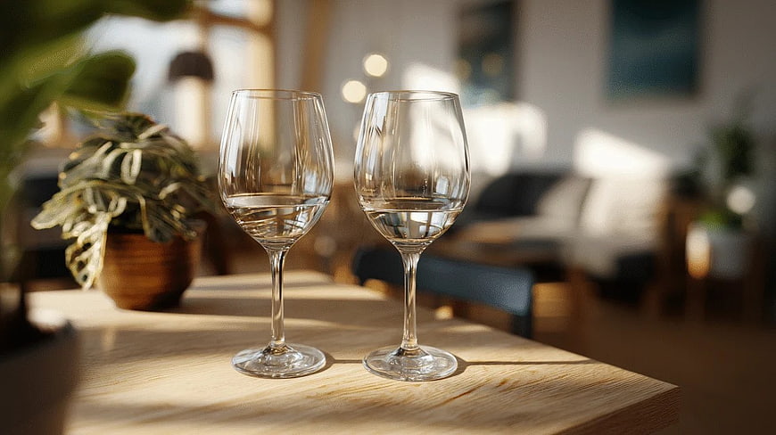 Two Empty Wine Glasses on Wooden Table in Sunlight