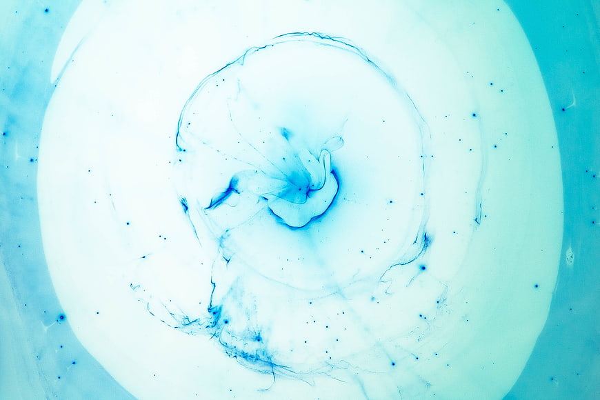 Abstract blue ink swirl in white liquid background