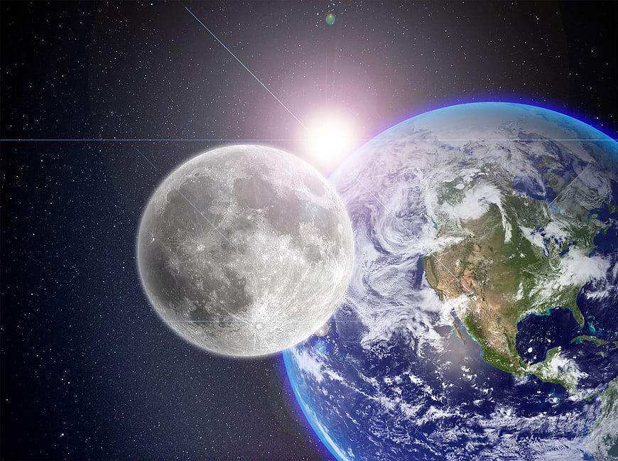 Earth and Moon in Orbit with Sun Flare