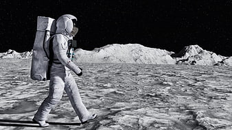 Astronaut Walking on Lunar Surface with Rocky Mountains and Starry Sky
