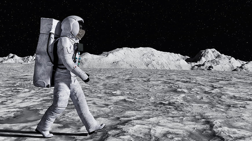 Astronaut Walking on Lunar Surface with Rocky Mountains and Starry Sky