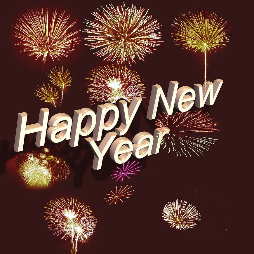 3D Happy New Year Text With Fireworks On Dark Background