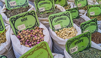 Dried herbs and flowers at a French market stall