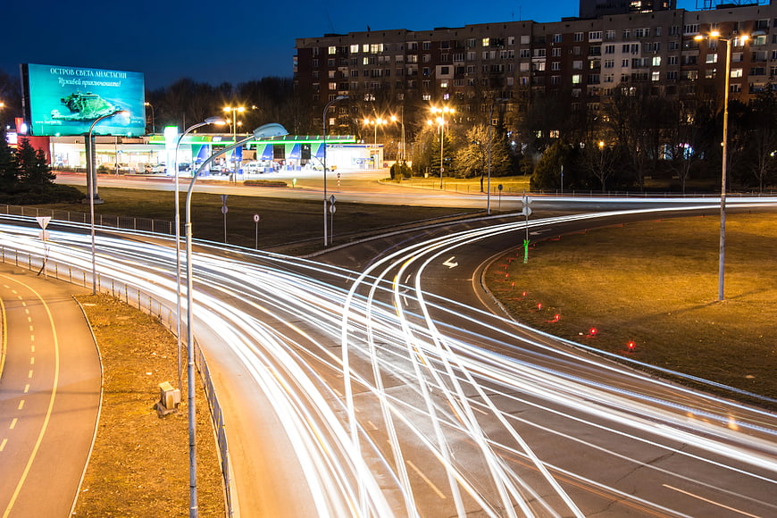 Long Exposure Night Traffic Light Trails on City Highway