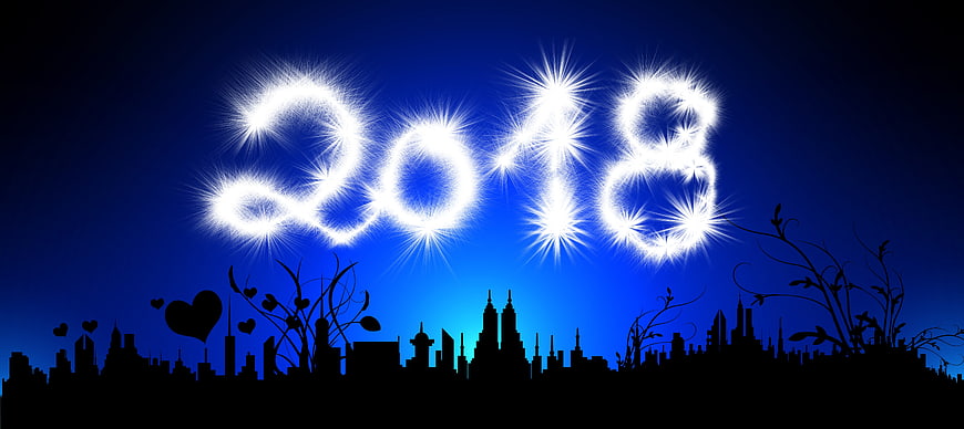 2018 New Year Fireworks Over City Skyline Silhouette