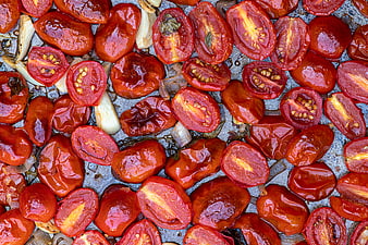 Roasted Cherry Tomatoes and Garlic on Baking Sheet