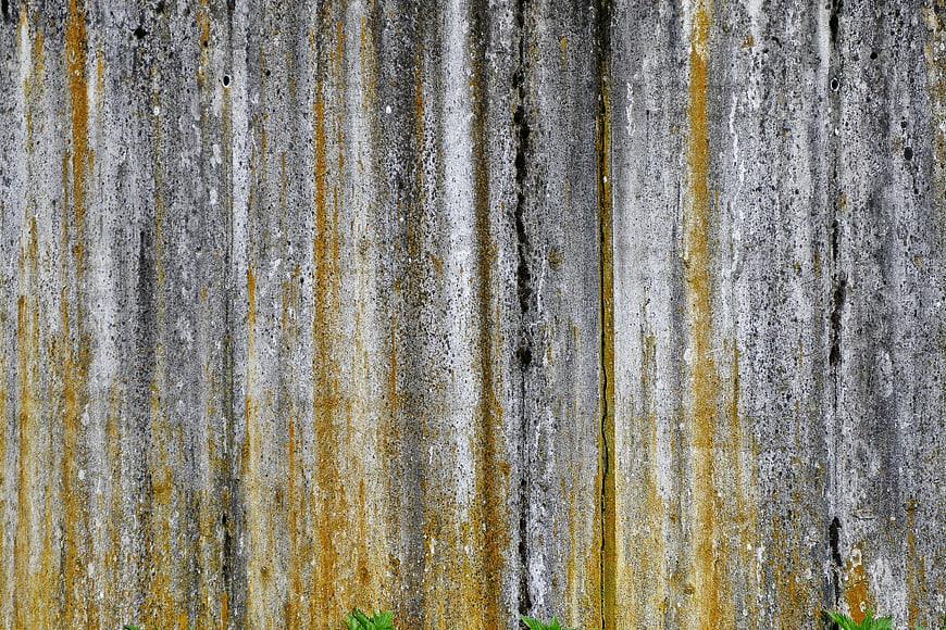 Weathered Concrete Wall Texture With Rust Streaks And Green Foliage