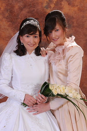 Bride and Bridesmaid Portrait with White Roses