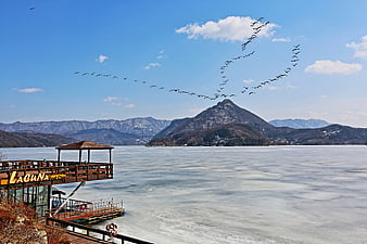 Frozen Bukhan River with Flying Birds and Mountains