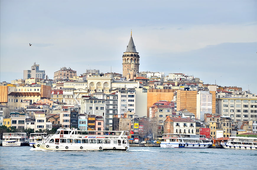 Galata Tower and Istanbul Cityscape with Ferries on the Bosphorus