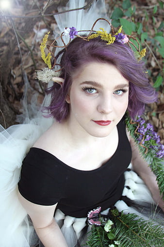 Fantasy Fairy Woman with Purple Hair and Flower Crown