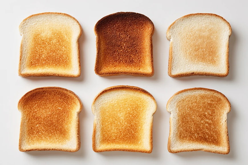 Six Slices of Toast with Varied Browning Levels on White Background