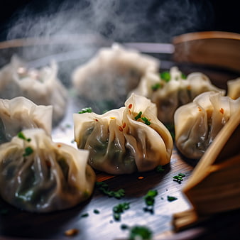 Steaming Asian dumplings in bamboo steamer