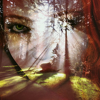 Surreal double exposure of a woman's face and a sunlit forest