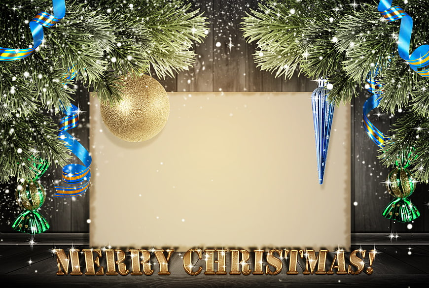 Merry Christmas Greeting Card Template with Pine Branches and Ornaments