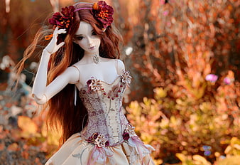 Art Doll in Autumn Garden with Floral Dress