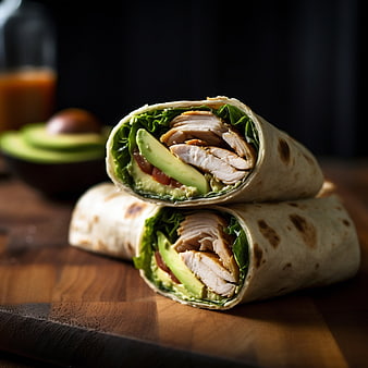 Healthy Turkey and Avocado Wrap on Wooden Board