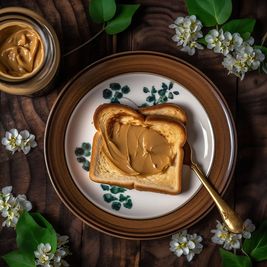 Top View Peanut Butter Toast on Wooden Table with Flowers