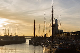 Silhouetted Sailboats in Harbor at Golden Sunset