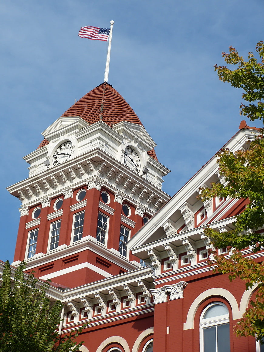 Red Brick Courthouse Tower with American Flag