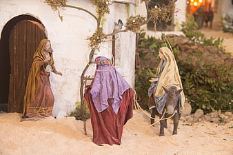 Traditional Nativity Scene with Religious Figurines and Donkey