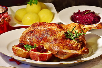 Roasted Duck with Red Cabbage and Potatoes Christmas Dinner