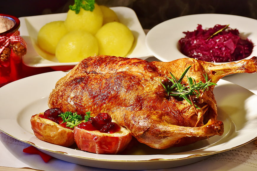 Roasted Duck with Red Cabbage and Potatoes Christmas Dinner