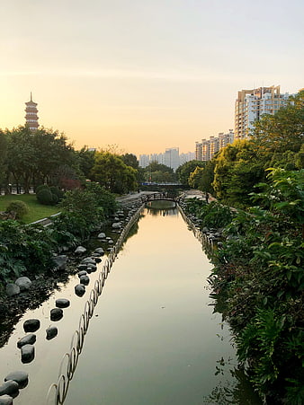 Serene urban park river with pagoda and city skyline at sunset