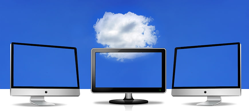 Three Computer Monitors with Cloud Computing Concept