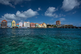 Colorful Willemstad waterfront in Curacao with turquoise sea