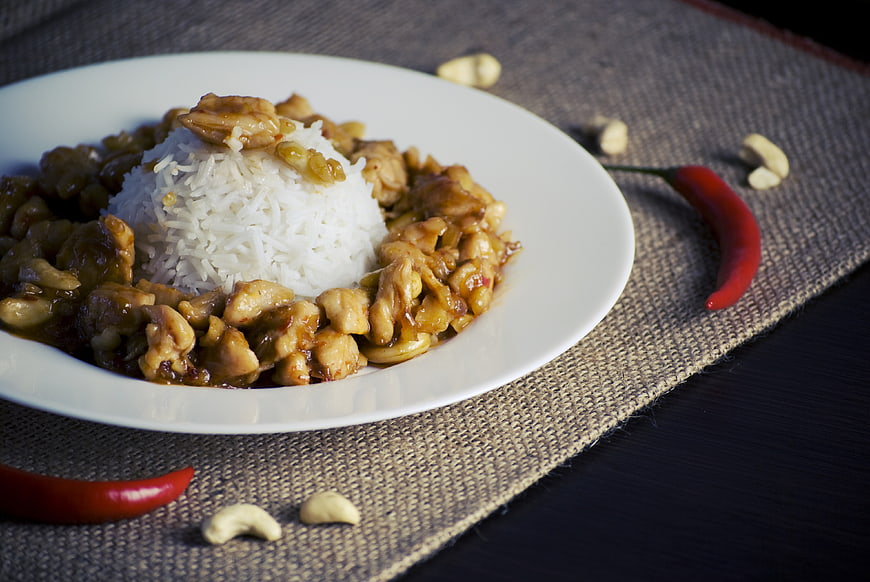 Chicken Cashew Stir Fry with White Rice on Plate