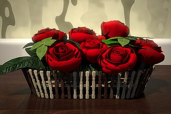 3D Render of Red Roses in a Woven Basket