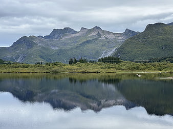 Serene Mountain Lake with Perfect Reflections and Green Hills