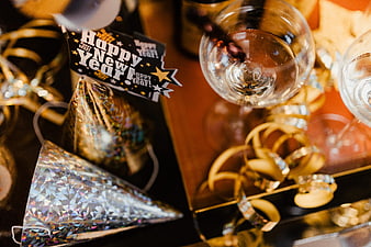 Happy New Year party setup with champagne and decorations