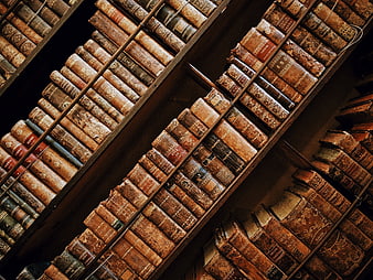 Vintage leather-bound books on wooden library shelves