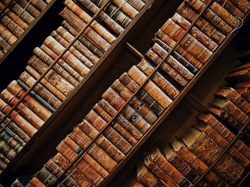 Vintage leather-bound books on wooden library shelves