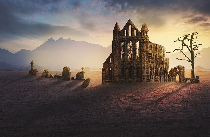 Desolate Gothic Ruins in a Mystical Desert Landscape