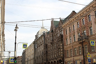 Historic European Street Architecture with Overhead Wires