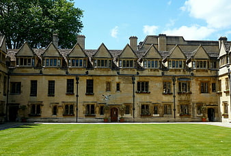 Historic Oxford College Quadrangle with Green Lawn