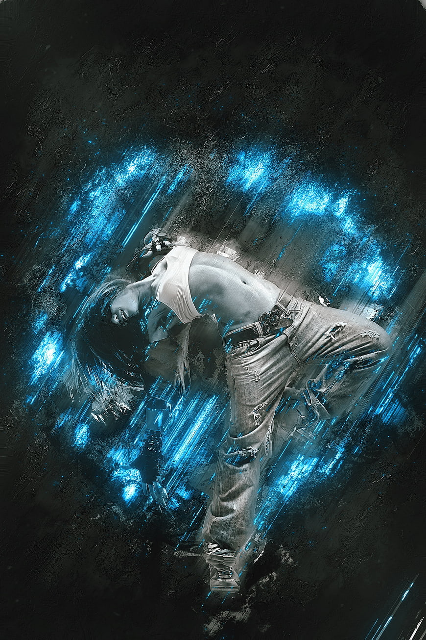 Young female dancer in dynamic pose with blue digital glitch effects